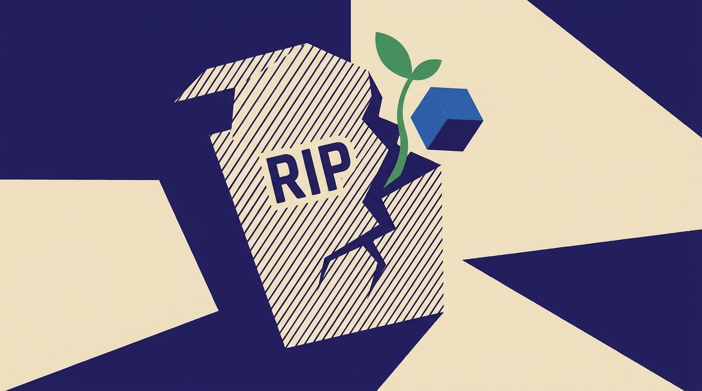 Ilustrasi simbol RIP dengan elemen tanaman dan geometris modern.