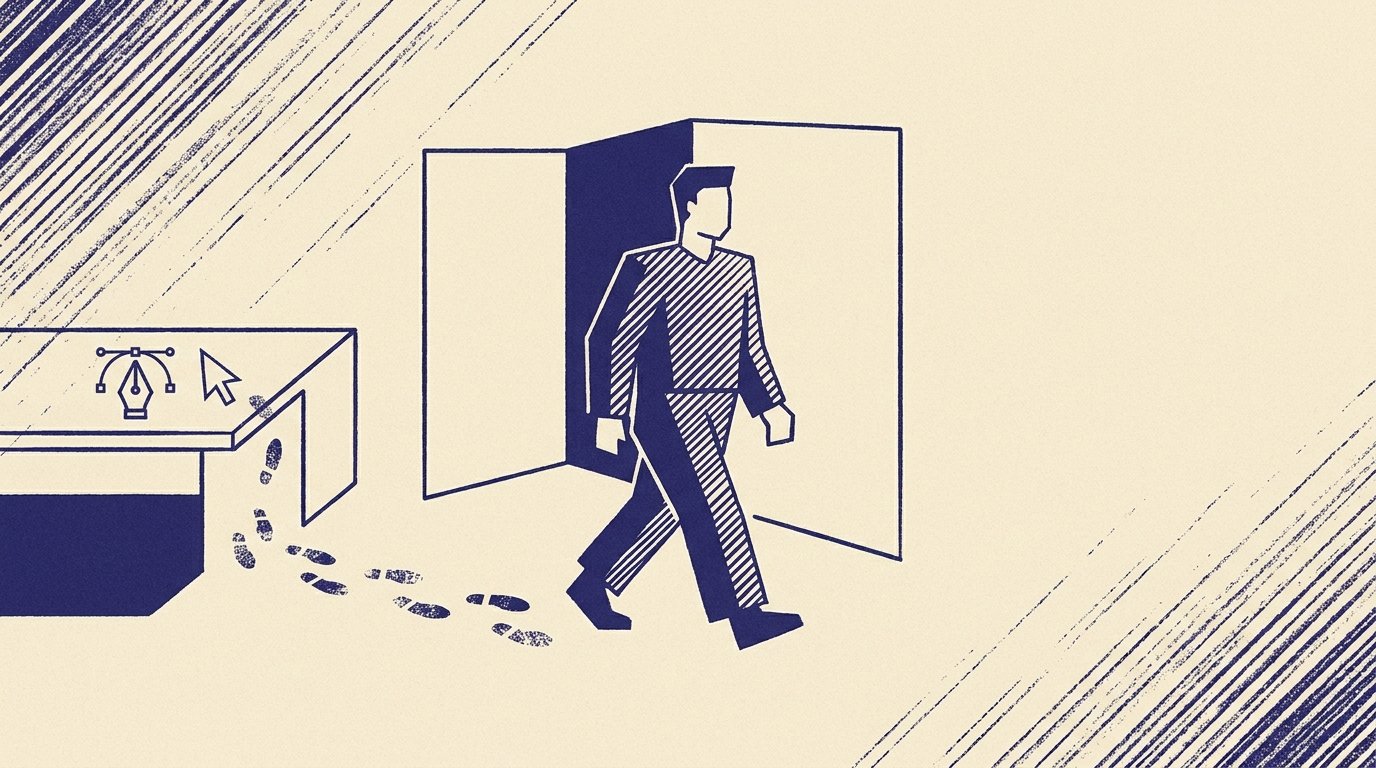 Ilustrasi desainer grafis yang meninggalkan pekerjaannya untuk karier baru.
