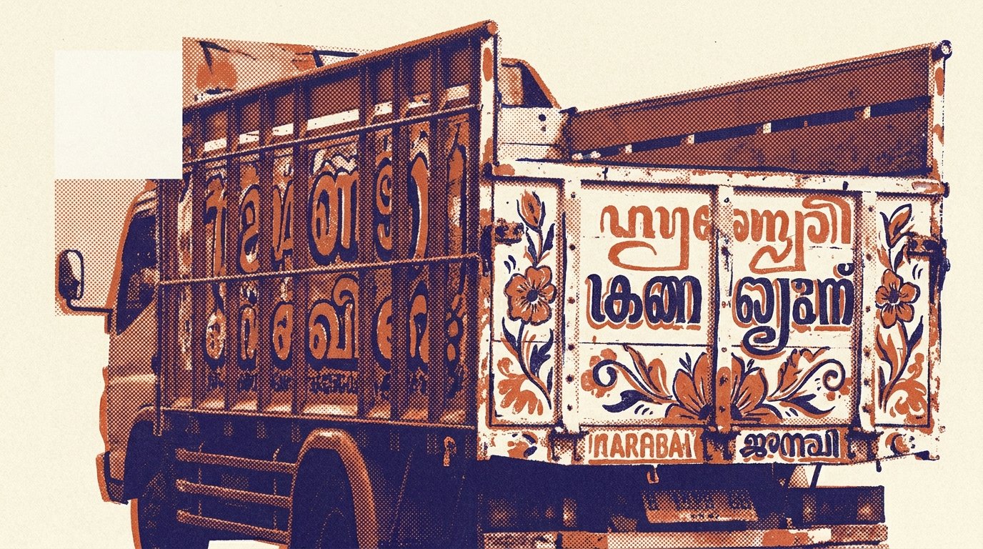 Truk klasik dengan tipografi berwarna-warni dan ornamen floral yang menarik perhatian.