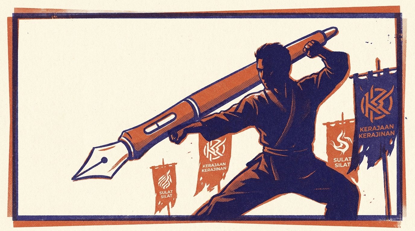 Gambar ilustrasi seorang pejuang memegang pensil besar sebagai senjata.