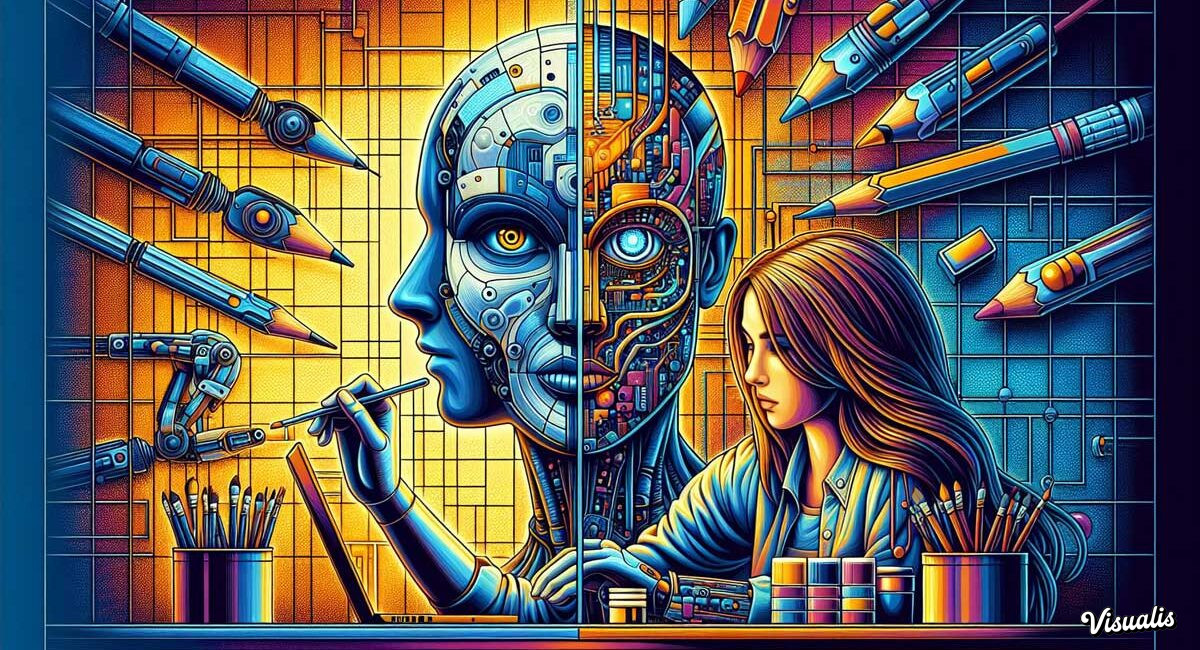 Ilustrasi kolaborasi desainer grafis dengan artificial intelligence dalam proses kreatif desain modern