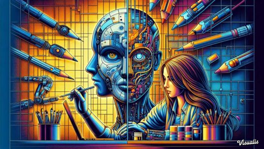 Ilustrasi kolaborasi desainer grafis dengan artificial intelligence dalam proses kreatif desain modern