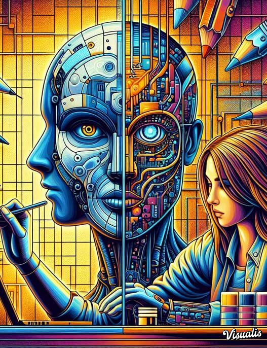 Ilustrasi kolaborasi desainer grafis dengan artificial intelligence dalam proses kreatif desain modern