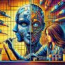 Ilustrasi kolaborasi desainer grafis dengan artificial intelligence dalam proses kreatif desain modern