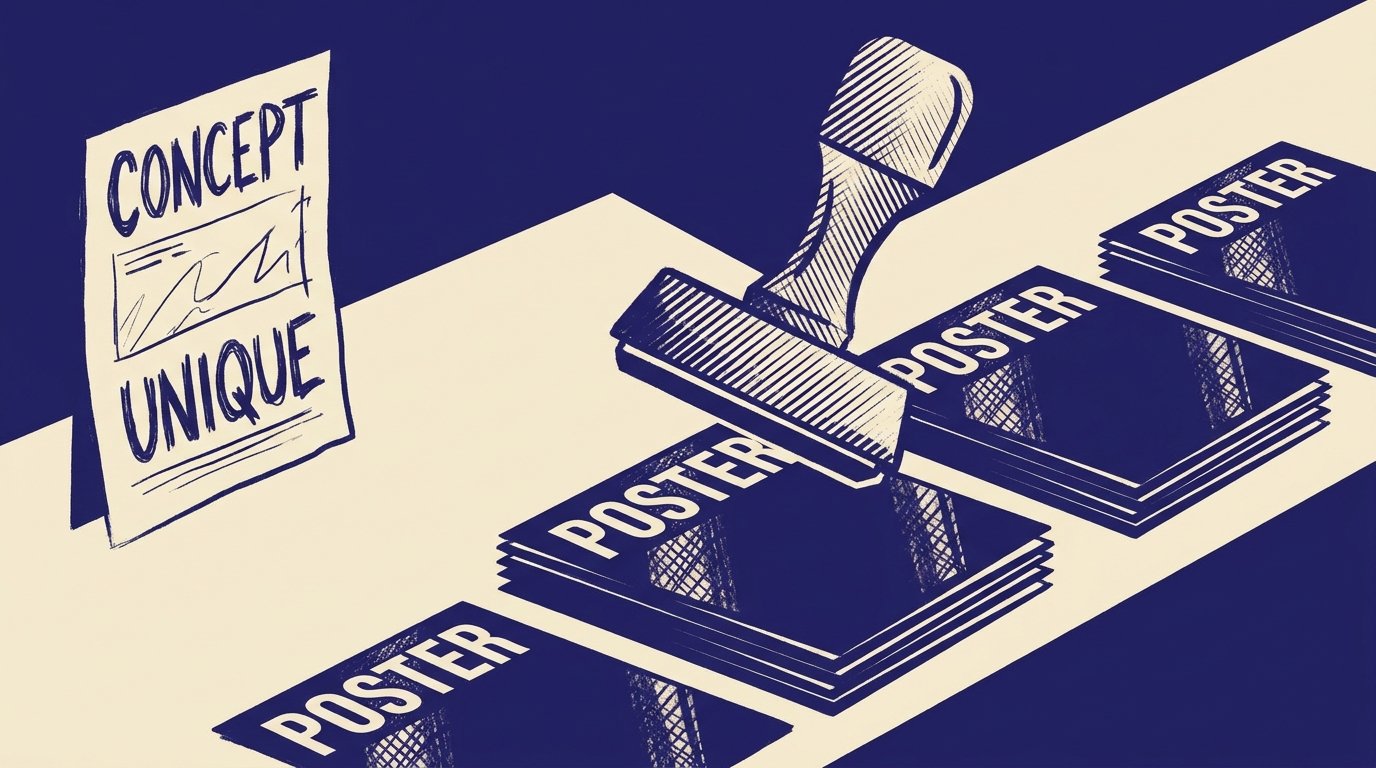 Gambar konsep poster dan stempel untuk kritik desain pasar seni.