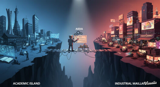 Ilustrasi jembatan runtuh antara kampus DKV dan industri desain grafis Indonesia - kritik AIDIA 2025
