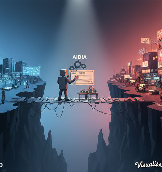 Ilustrasi jembatan runtuh antara kampus DKV dan industri desain grafis Indonesia - kritik AIDIA 2025
