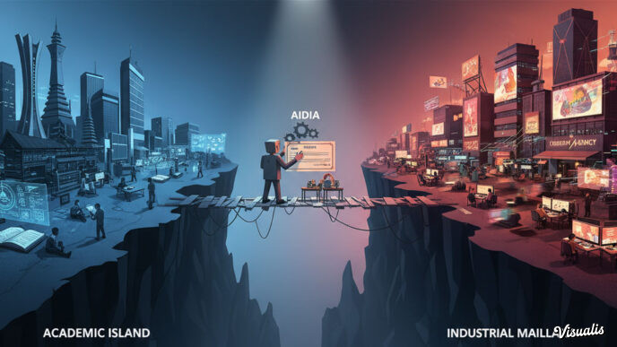 Ilustrasi jembatan runtuh antara kampus DKV dan industri desain grafis Indonesia - kritik AIDIA 2025