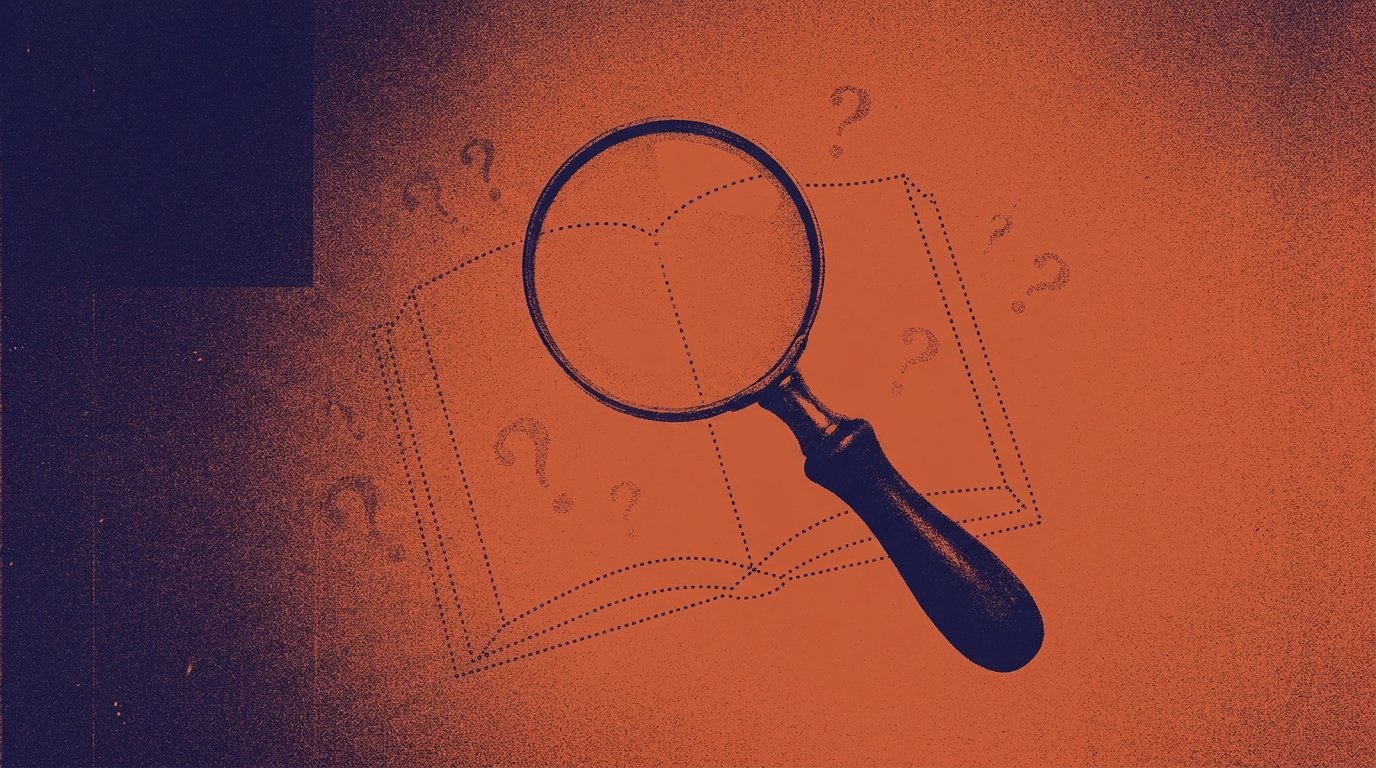 Kaca pembesar di atas buku terbuka dengan tanda tanya di halaman.