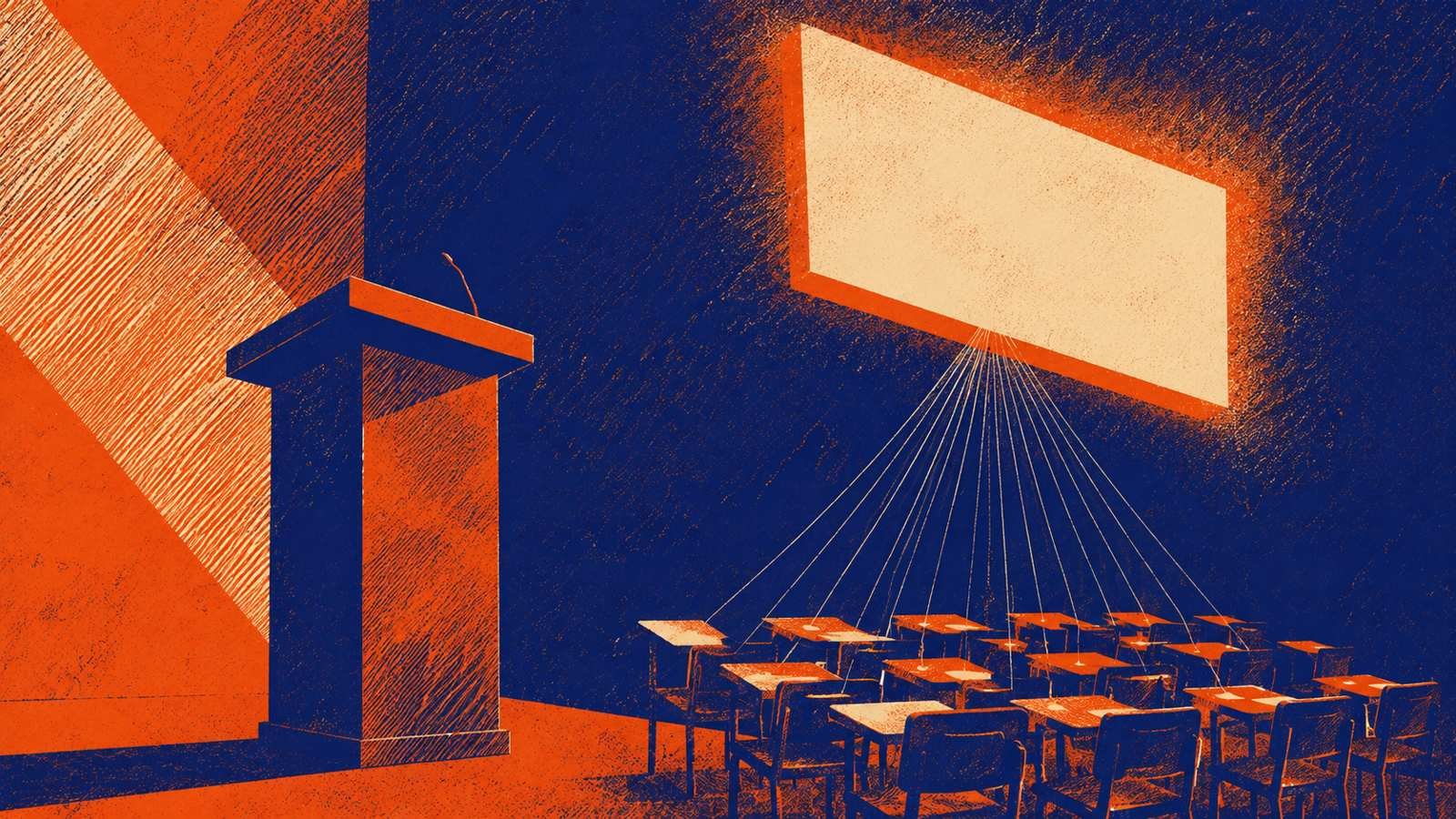 Ruang kelas digital dengan layar besar dan kursi belajar modern.