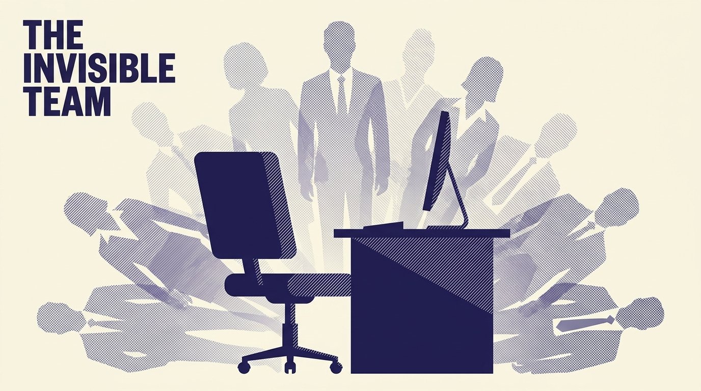 Ilustrasi tim profesional di ruang kerja dengan meja dan kursi kantor.