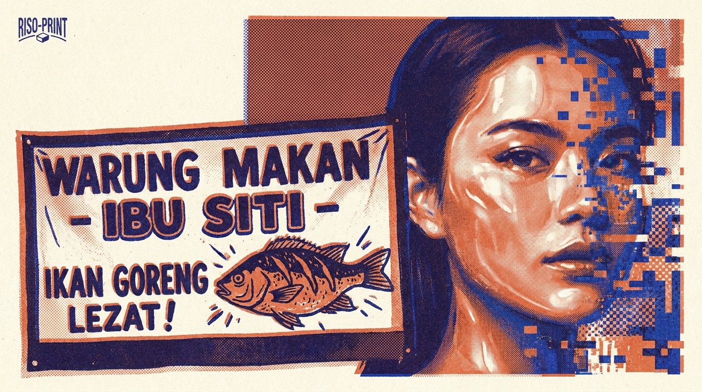Ilustrasi wanita dan spanduk iklan warung makan ikan goreng lezat.