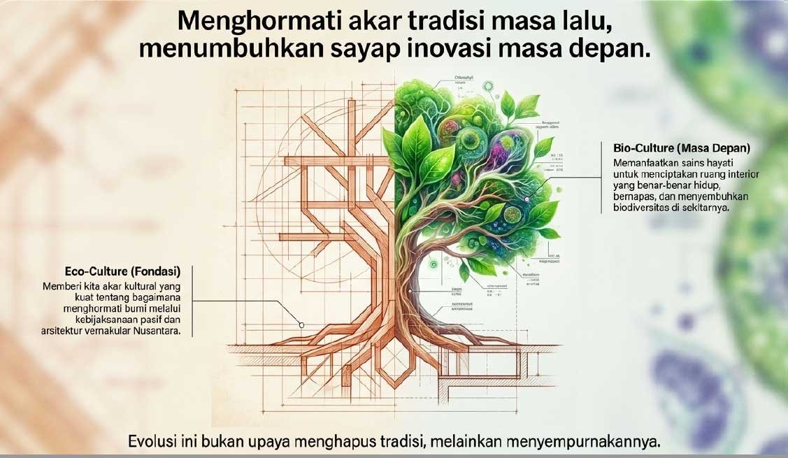 Gambar pohon yang menggambarkan inovasi dan tradisi ekologis.