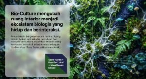 Bio-Kultur mengubah ruang interior menjadi ekosistem biologis yang hidup dan berinteraksi.