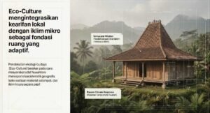 Rumah tradisional di tengah alam hijau dengan latar pegunungan dan pohon kelapa.