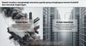 Ilustrasi krisis iklim dan identitas budaya dalam desain interior modern.