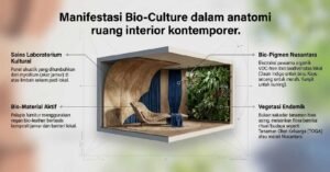 Ilustrasi ruang interior dengan elemen bio-culture dan tanaman hijau.