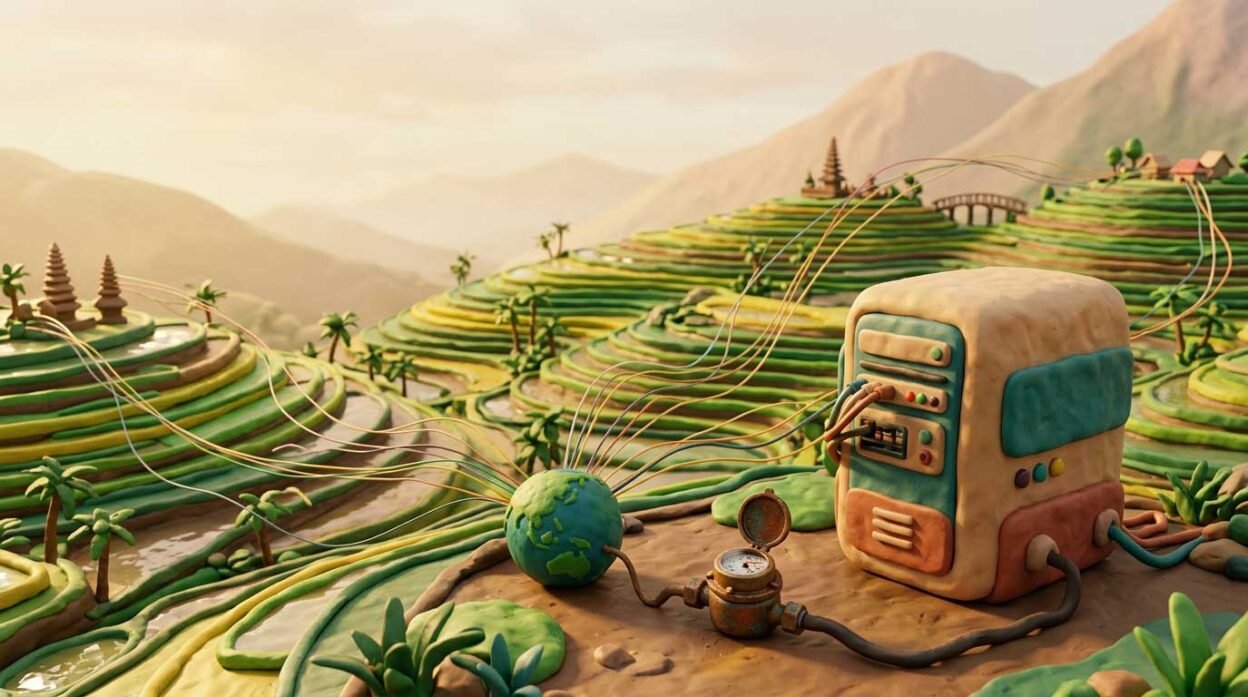Menara server terhubung ke meteran air lewat pipa tipis, sawah mengering di latar belakang — gambaran bahwa jalur air ke data center lebih berlapis dari yang terlihat sekilas.