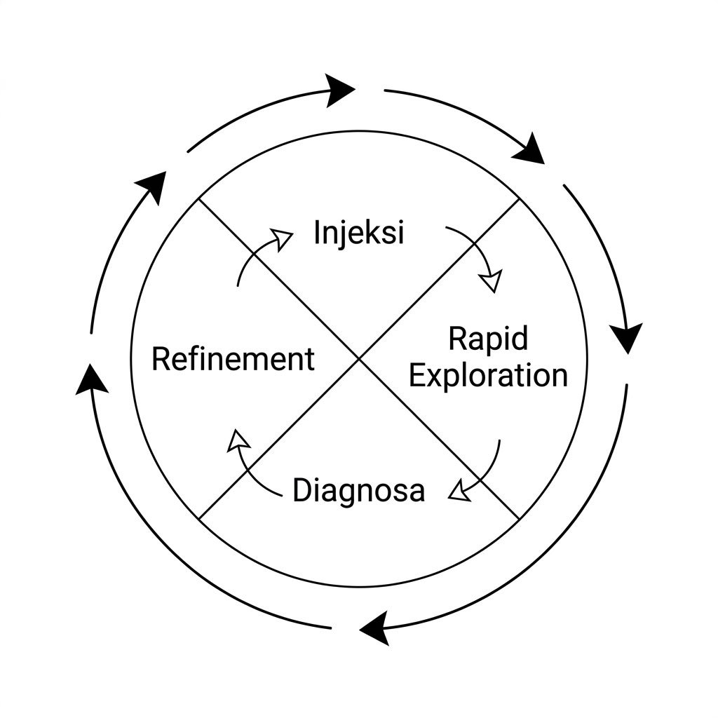 Siklus iRDR: empat fase yang berputar iteratif. Setiap fase bisa diulang dan dikembalikan ke fase sebelumnya sesuai kebutuhan brief.